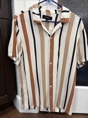 PacSun Men's Short Sleeve Vertical Stripe Button-Up — Cream, Brown & Black